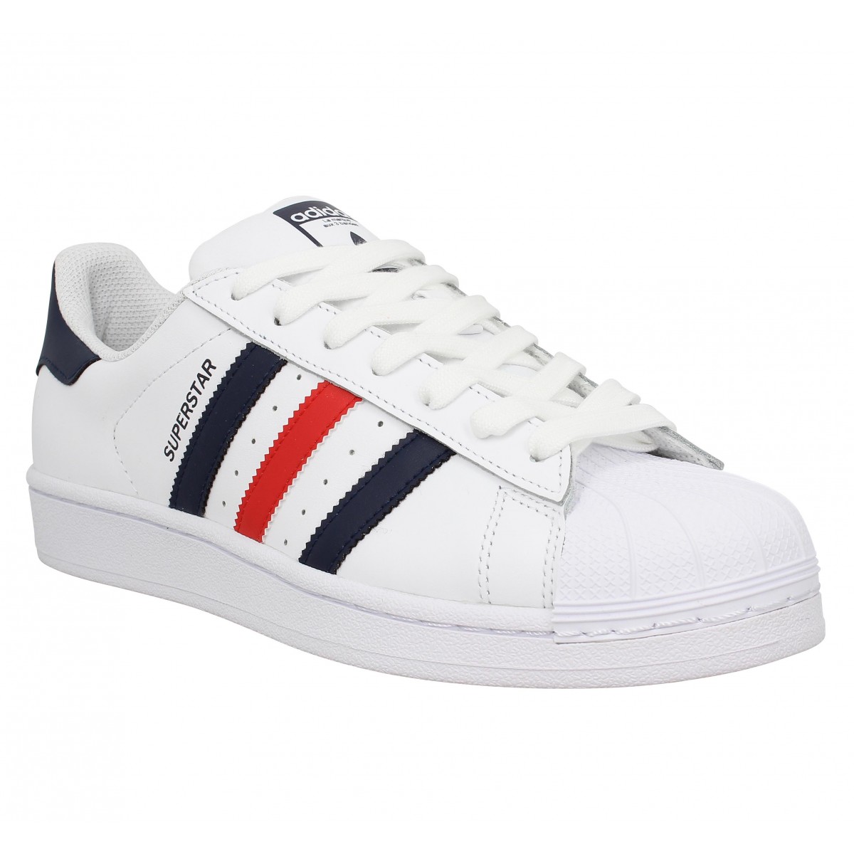 Adidas superstar foundation cuir homme blanc bleu rouge | Fanny chaussures